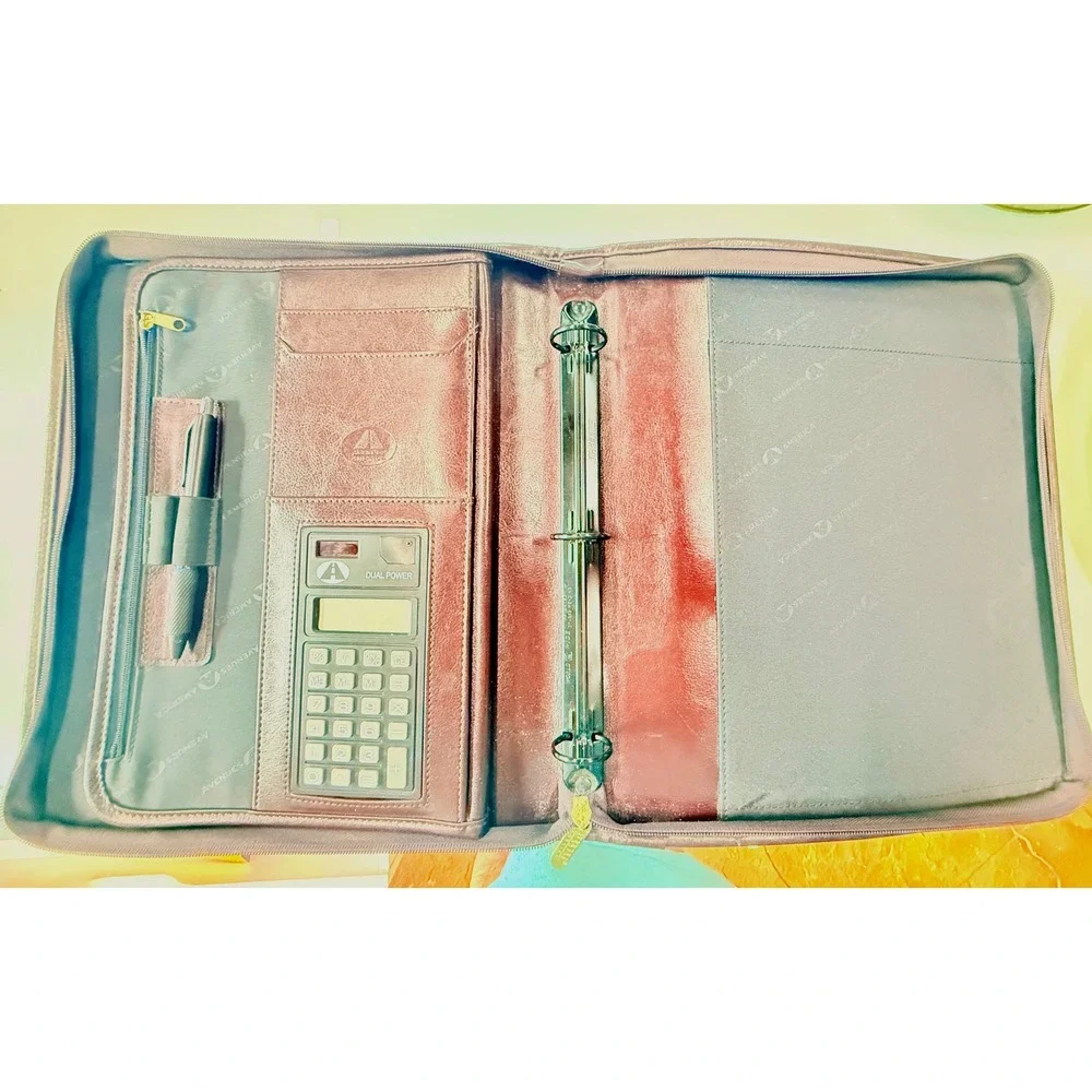 Avenues America Leather Zip Portfolio Binder Calculator Organizer Burgundy